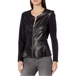 Nanette Lepore Black‎ Faux Leather Peplum Biker Jacket Classic Office